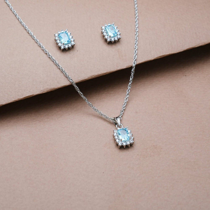 Silver Aquamarine Radiant Cut Halo Chain Pendant Studs - tassyasilver.com