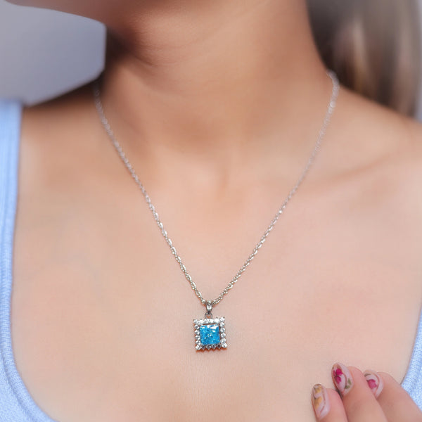 Silver Aquamarine Square Halo Chain pendant - tassyasilver.com