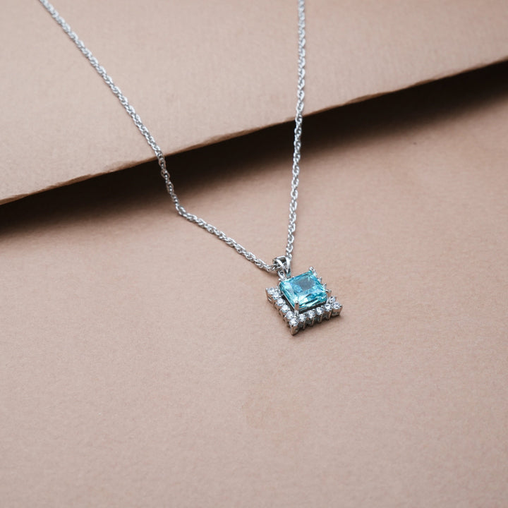 Silver Aquamarine Square Halo Chain pendant - tassyasilver.com