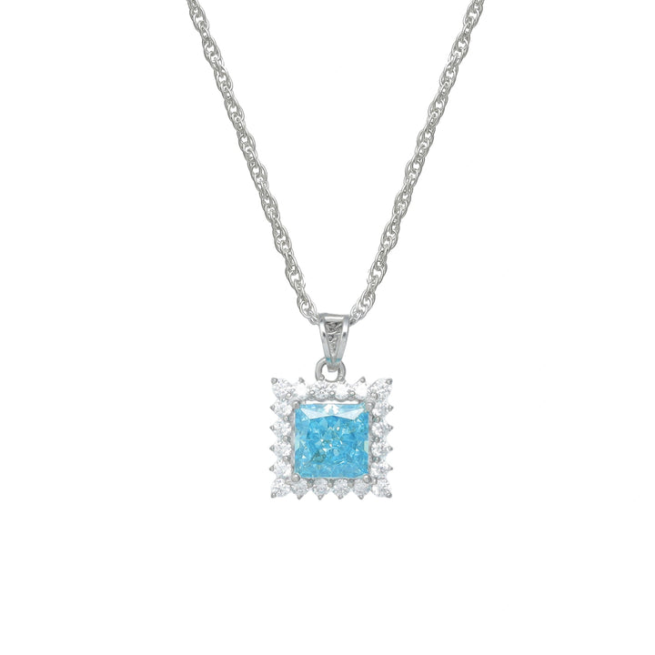 Silver Aquamarine Square Halo Chain pendant - tassyasilver.com