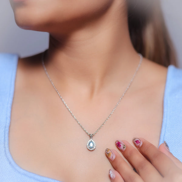 Silver Aquamarine Teardrop Halo Chain pendant - tassyasilver.com