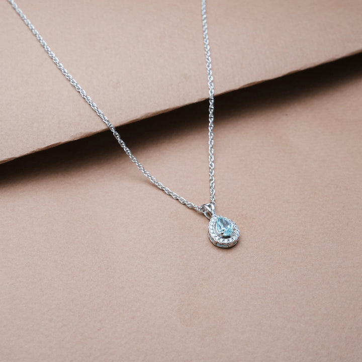 Silver Aquamarine Teardrop Halo Chain pendant - tassyasilver.com