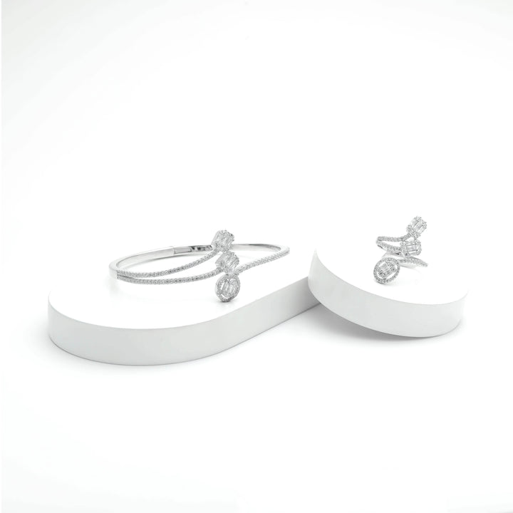 Silver Baguette Diamond Bracelet with Ring Set - tassyasilver.com