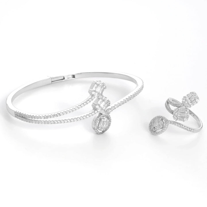 Silver Baguette Diamond Bracelet with Ring Set - tassyasilver.com