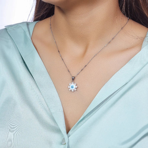 Silver Bloom Evil Eye Chain Pendant - tassyasilver.com