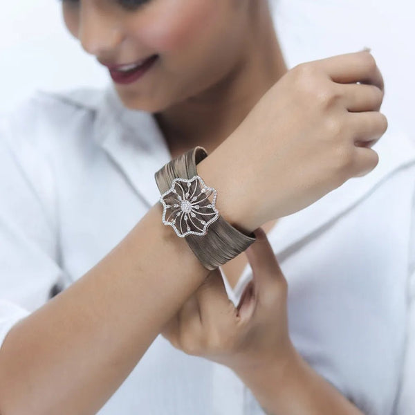 Tassya Silver Bloom Lattice Cuff for women