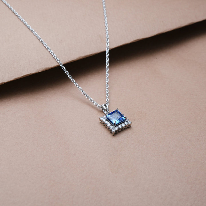 Silver Blue Emerald Square Halo Chain Pendant - tassyasilver.com