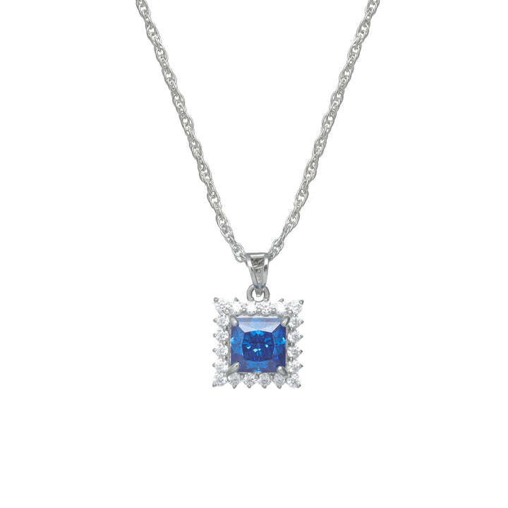Silver Blue Emerald Square Halo Chain Pendant - tassyasilver.com