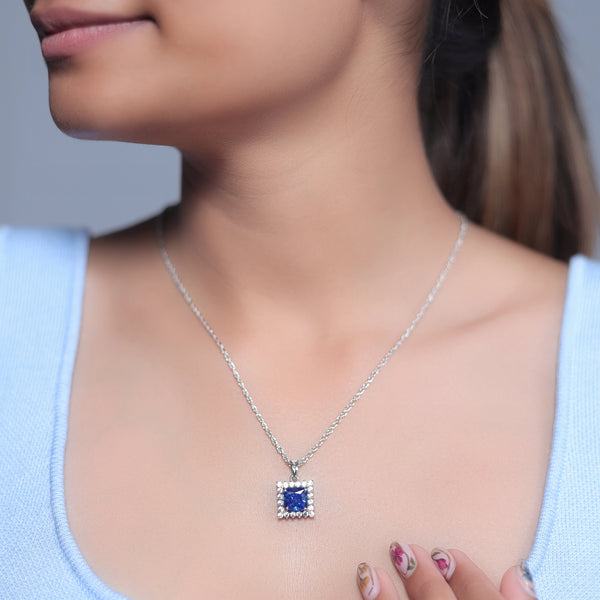 Tassya Silver 925 blue emerald square halo pendant.
