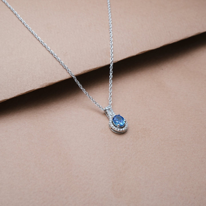 Silver Blue Oval Halo Drop Chain pendant - tassyasilver.com
