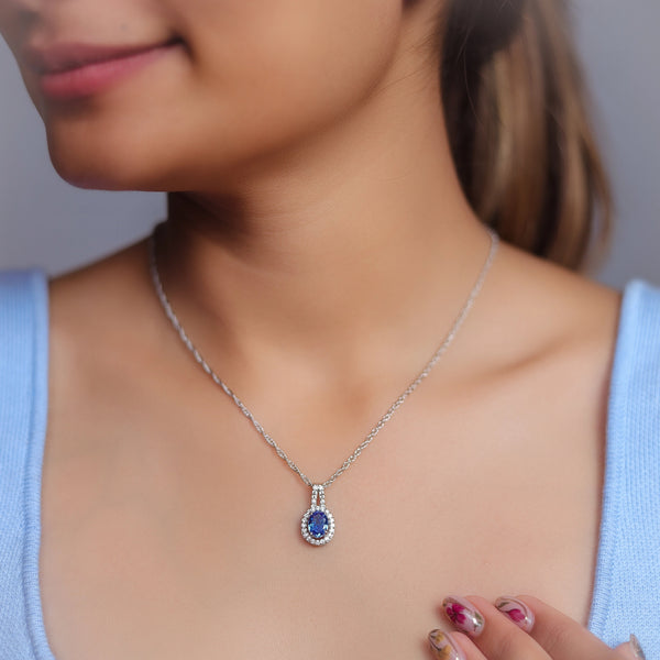 Tassya Silver 925 blue oval halo drop pendant.