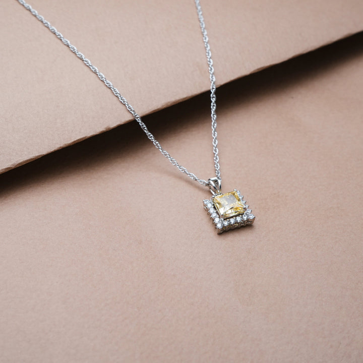 Silver Canary Yellow Square Halo Chain pendant - tassyasilver.com