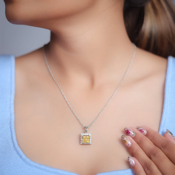 Silver Canary Yellow Square Halo Chain pendant - tassyasilver.com