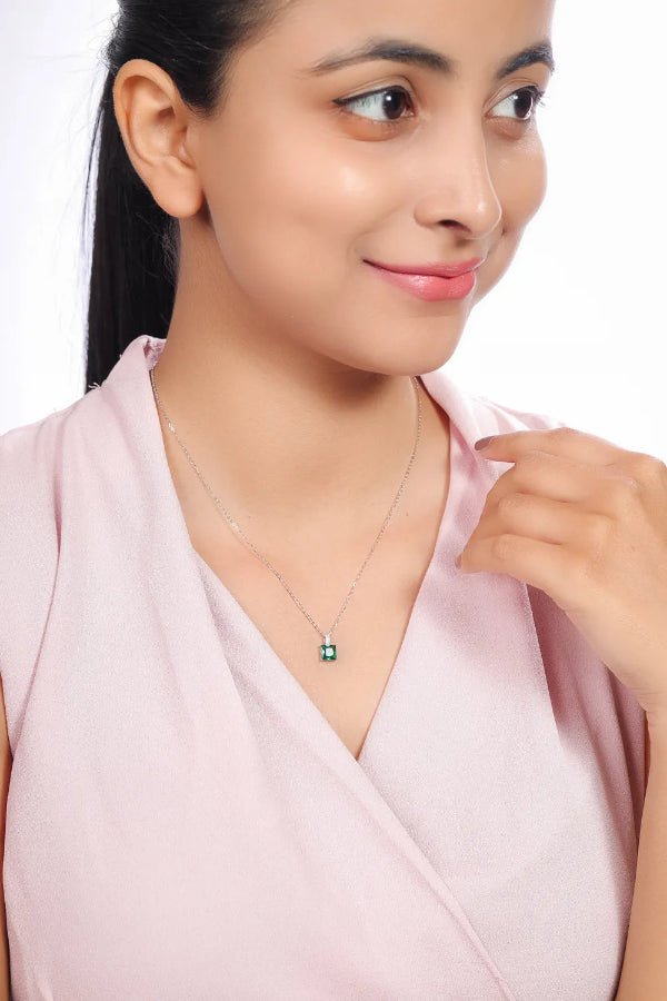 Silver Classic Emerald Solitaire Chain Pendant - tassyasilver.com