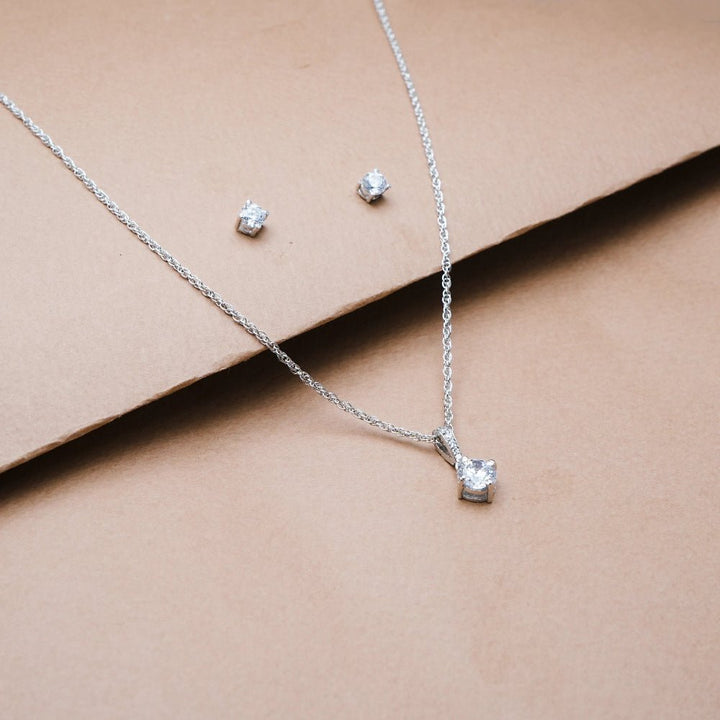 Silver Classic Solitaire Chain Pendant Studs - tassyasilver.com