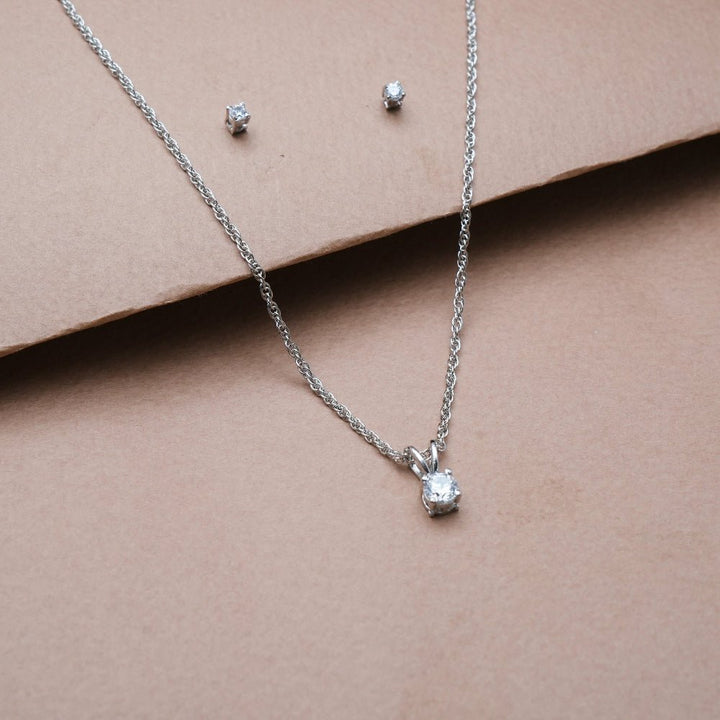 Silver Classic Solitaire Cubic Chain Pendant Studs - tassyasilver.com