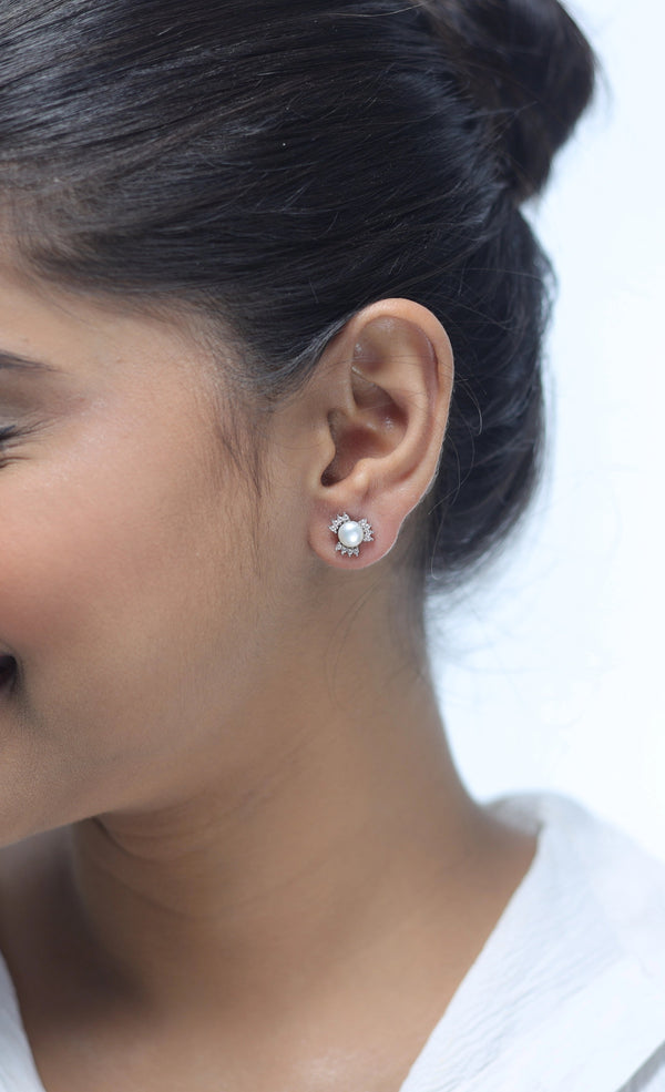 Silver Crystal Embrace Pearl Studs - tassyasilver.com