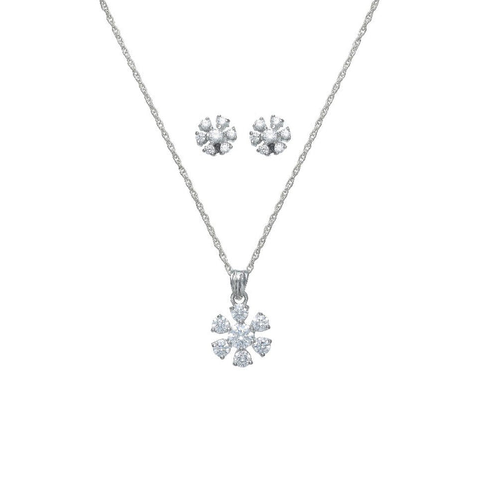Silver Crystal Flower Spark Chain Pendant Studs - tassyasilver.com