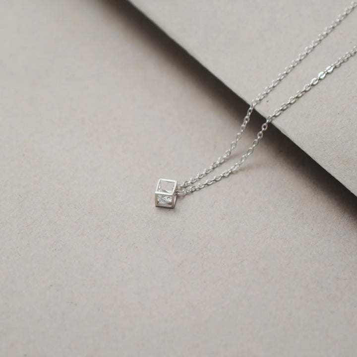 Silver Cube Diamante Stud Chain Pendant - tassyasilver.com