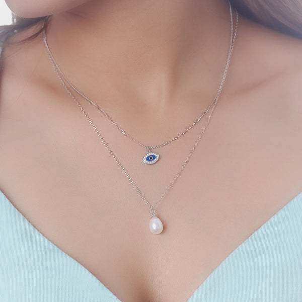 Silver Double Layer Evil Eye & Pearl Chain Pendant - tassyasilver.com