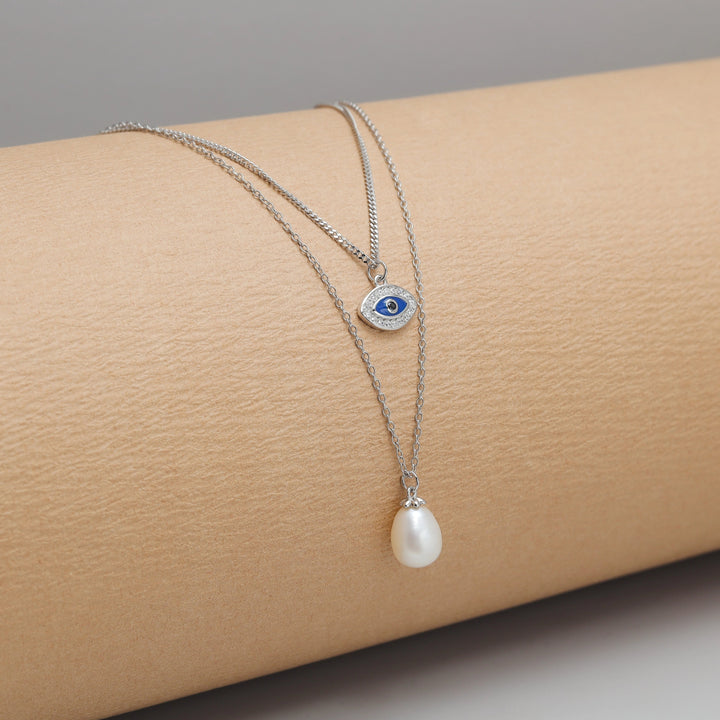 Silver Double Layer Evil Eye & Pearl Chain Pendant - tassyasilver.com