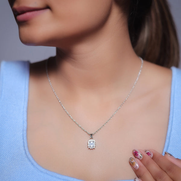 Tassya Silver Emerald Cut Halo Chain Pendant in 925 sterling silver