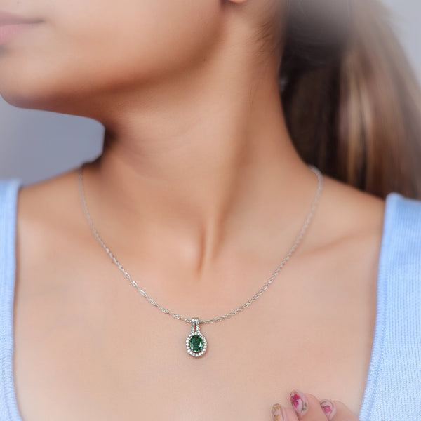 Silver Emerald Oval Halo Drop Chain pendant - tassyasilver.com