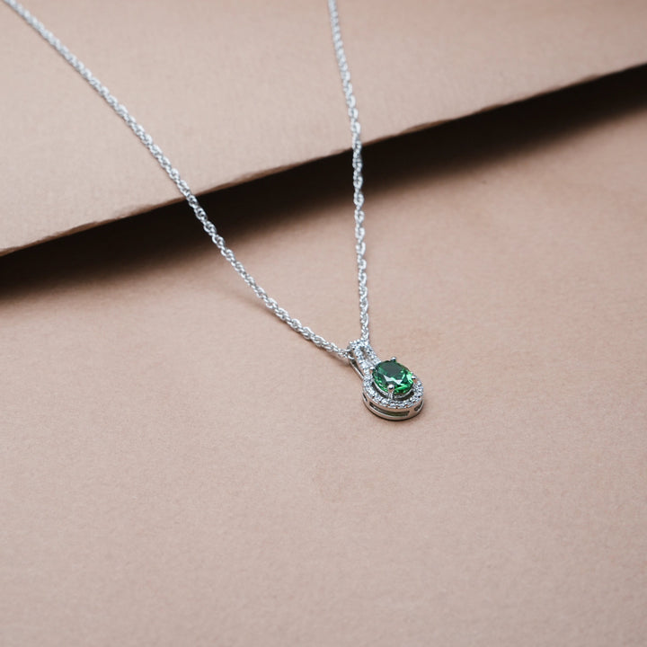 Silver Emerald Oval Halo Drop Chain pendant - tassyasilver.com