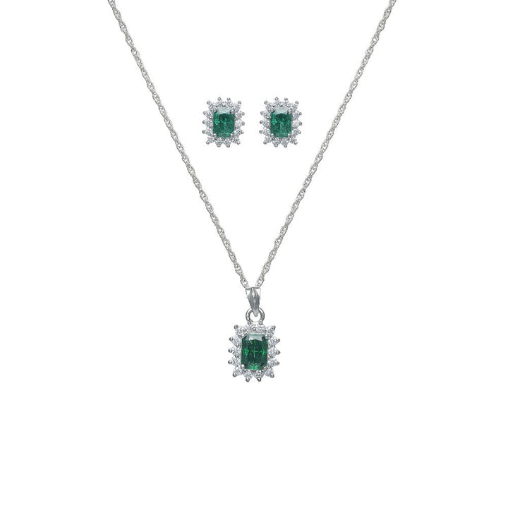 Silver Emerald Teardrop Halo Chain Pendant Studs - tassyasilver.com