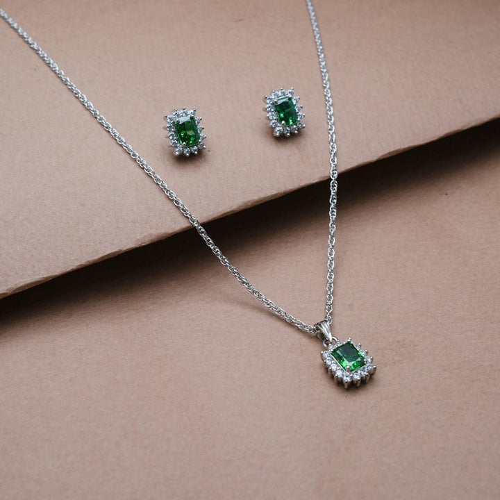 Silver Emerald Teardrop Halo Chain Pendant Studs - tassyasilver.com