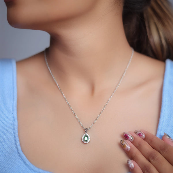 Tassya Silver Emerald Teardrop Halo Chain Pendant in 925 sterling silver.