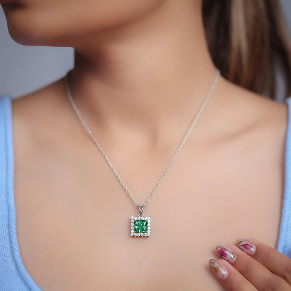 Tassya Silver 925 green emerald square halo pendant.