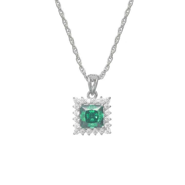 Silver Green Emerald Square Halo Chain pendant - tassyasilver.com