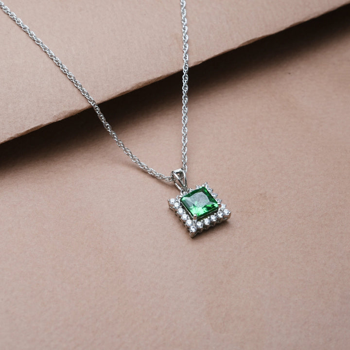 Silver Green Emerald Square Halo Chain pendant - tassyasilver.com