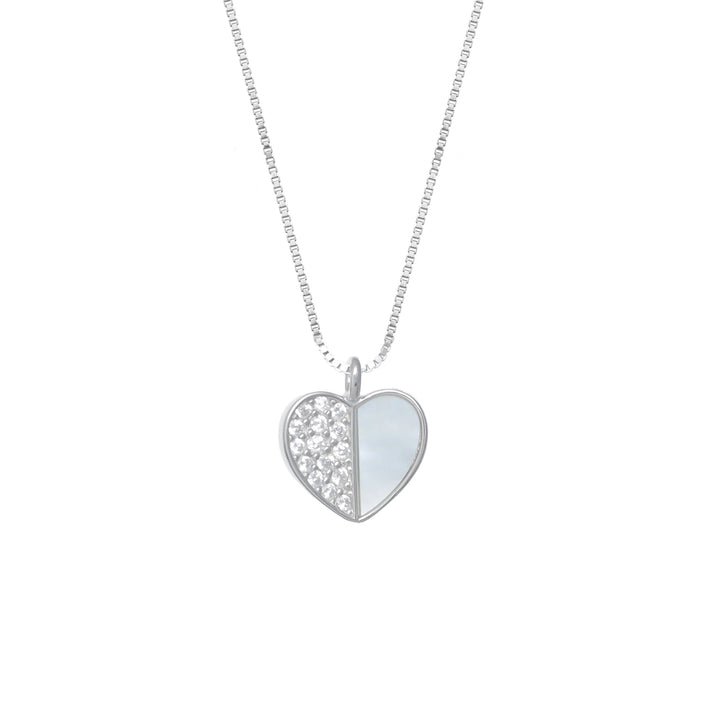Silver Half - Crystal Half - Mother - of - Pearl Heart Chain Pendant - tassyasilver.com