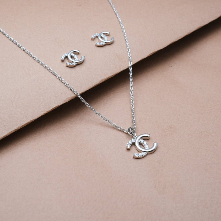 Silver Interlocking C Sparkle Chain Pendant Studs - tassyasilver.com