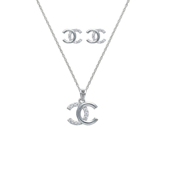 Silver Interlocking C Sparkle Chain Pendant Studs - tassyasilver.com