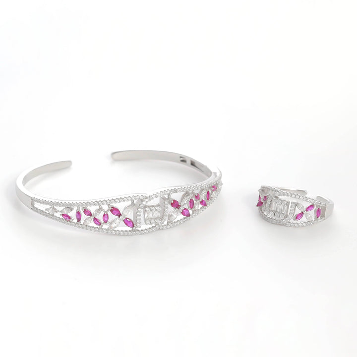 Silver Luxurious Pink Floral Bracelet with Ring Set - tassyasilver.com