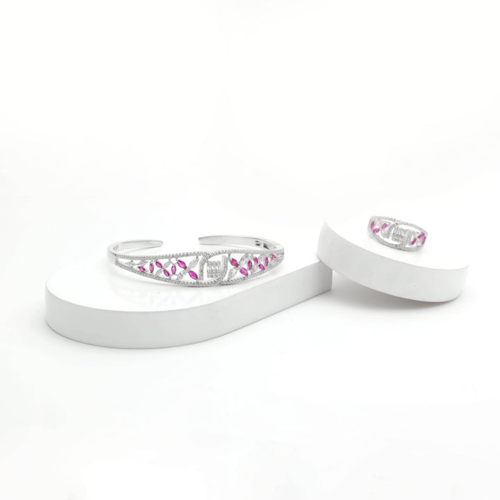 Silver Luxurious Pink Floral Bracelet with Ring Set - tassyasilver.com