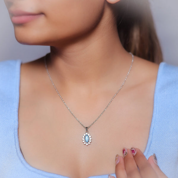 Silver Marquise Aquamarine Halo Chain pendant - tassyasilver.com
