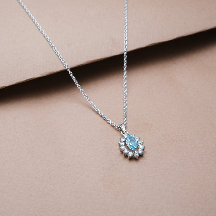 Silver Marquise Aquamarine Halo Chain pendant - tassyasilver.com