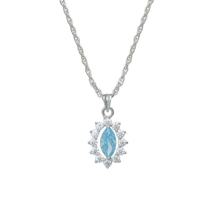 Silver Marquise Aquamarine Halo Chain pendant - tassyasilver.com