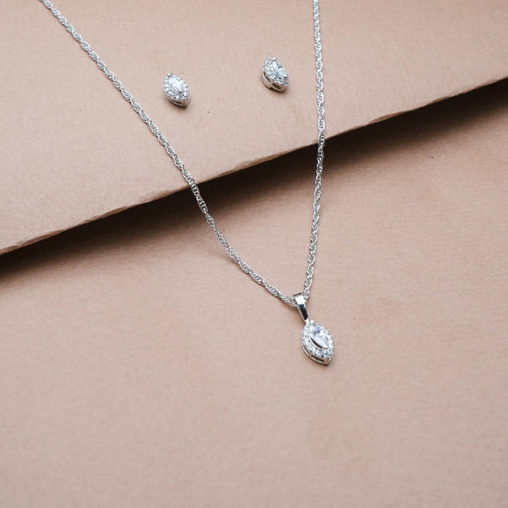 Silver Marquise Halo Chain Pendant Studs - tassyasilver.com