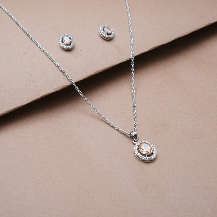 Silver Peach Oval Halo Chain Pendant Studs - tassyasilver.com