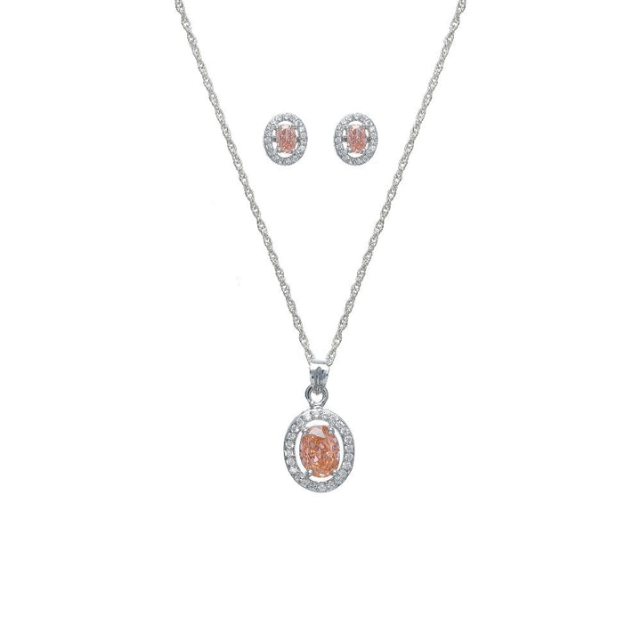 Silver Peach Oval Halo Chain Pendant Studs - tassyasilver.com