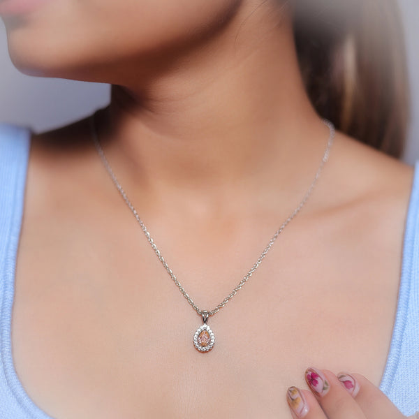 Silver Peach Oval Halo Drop Chain pendant - tassyasilver.com