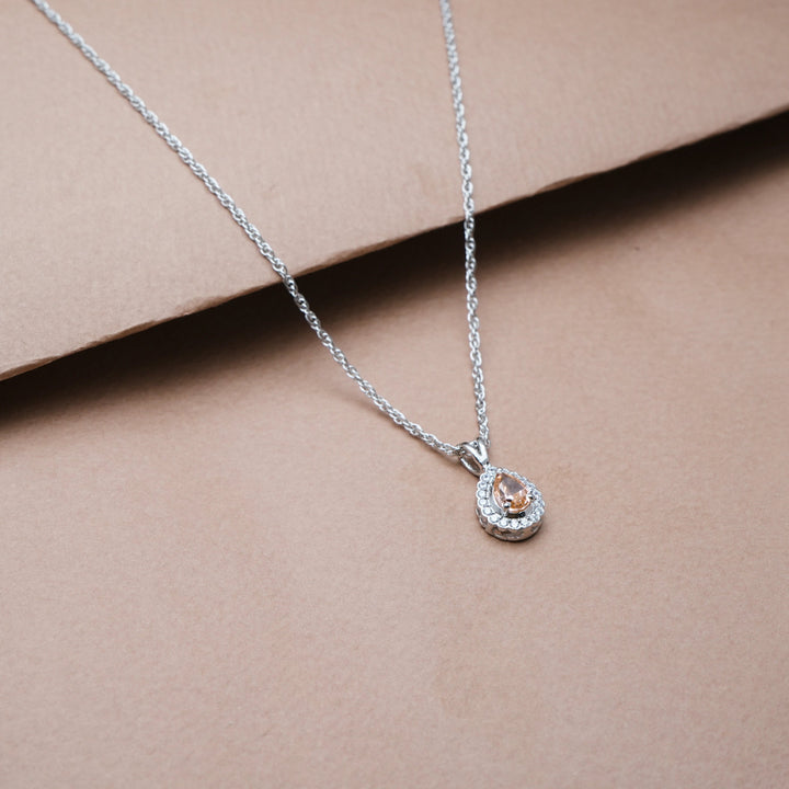 Silver Peach Oval Halo Drop Chain pendant - tassyasilver.com