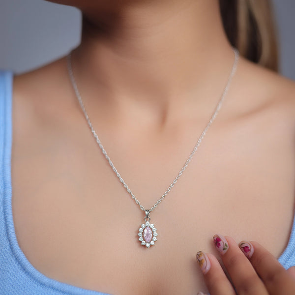 Tassya Silver 925 petal halo pink gemstone pendant.