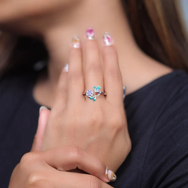 925 Silver Petal Hummingbird Floral Ring