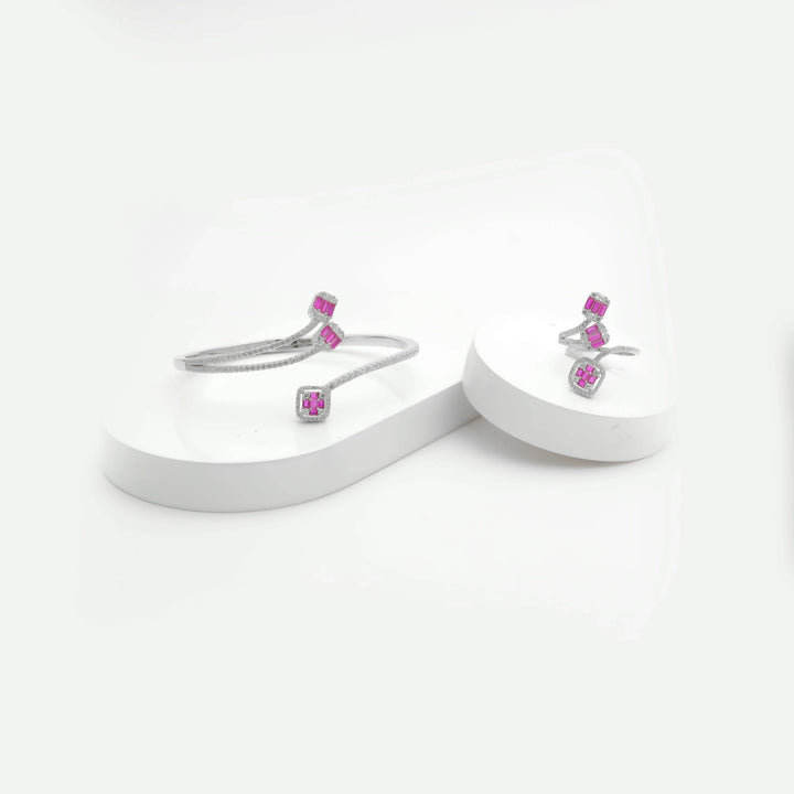 Silver Pink Diamond Twirling Grace Bracelet with Ring Set - tassyasilver.com